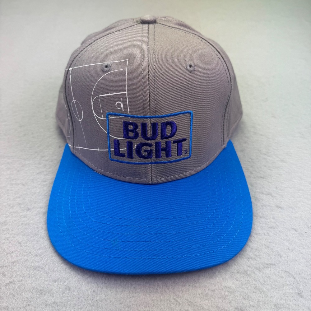 Bud Light Hat Men's Basketball Court Snapback Hat Gray Blue Flat Brim Adjustable